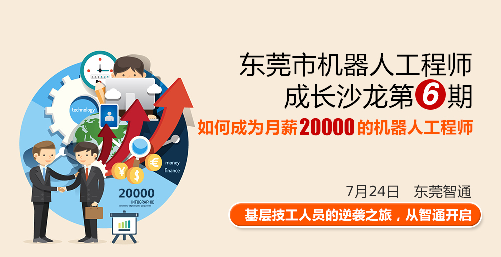 東莞市工業(yè)機器人工程師成長沙龍第六期，時間7月24日，地點東莞智通培訓學院。